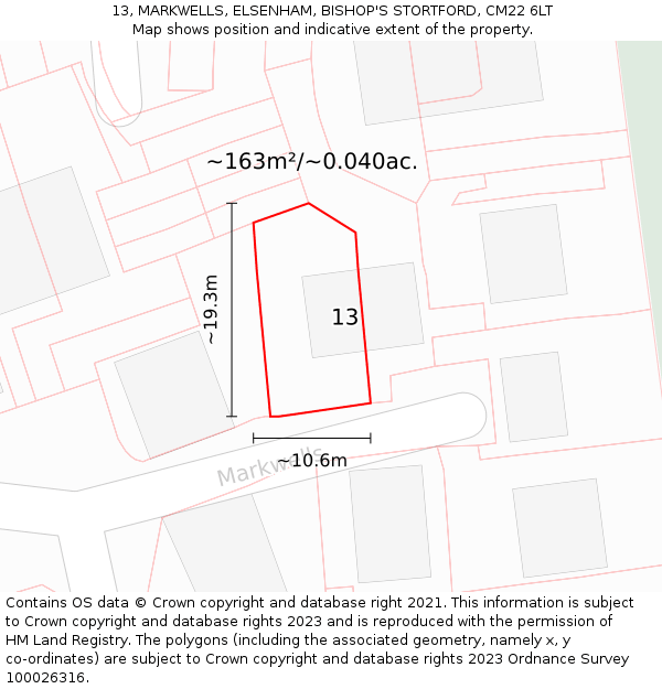 13, MARKWELLS, ELSENHAM, BISHOP'S STORTFORD, CM22 6LT: Plot and title map