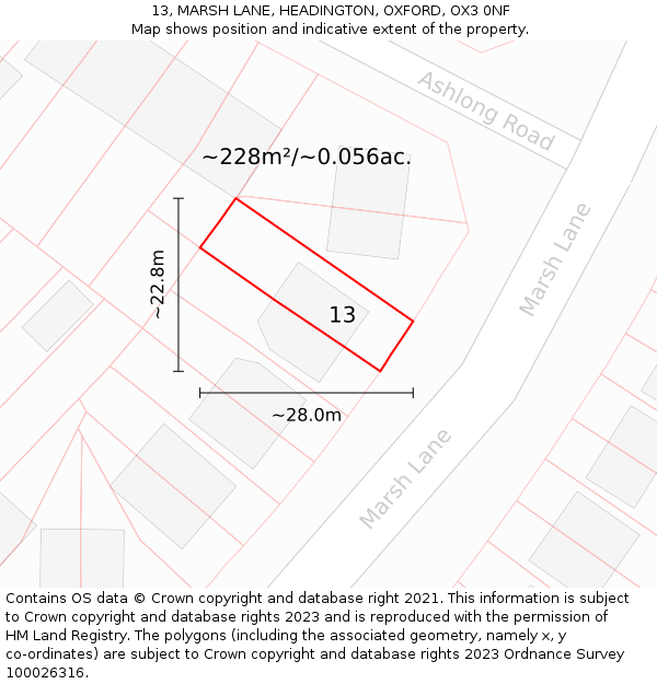 13, MARSH LANE, HEADINGTON, OXFORD, OX3 0NF: Plot and title map