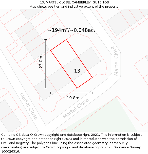 13, MARTEL CLOSE, CAMBERLEY, GU15 1QS: Plot and title map