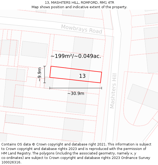 13, MASHITERS HILL, ROMFORD, RM1 4TR: Plot and title map