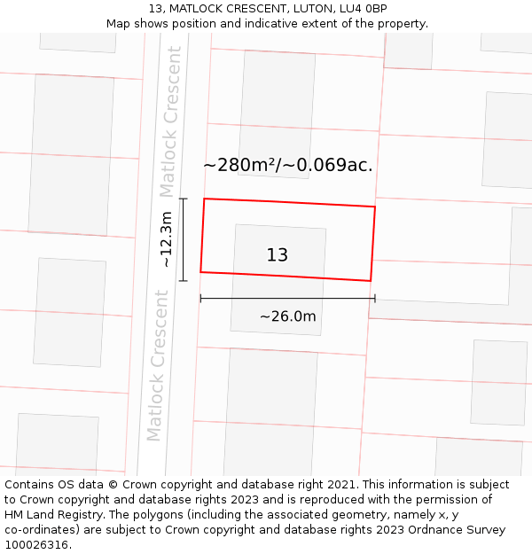 13, MATLOCK CRESCENT, LUTON, LU4 0BP: Plot and title map