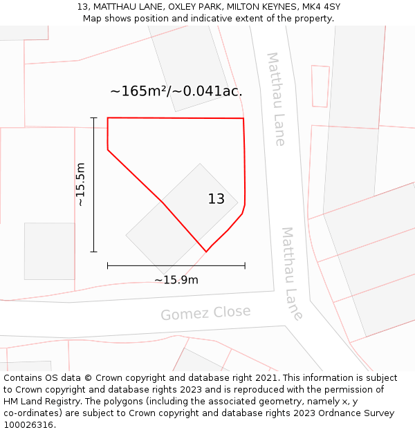 13, MATTHAU LANE, OXLEY PARK, MILTON KEYNES, MK4 4SY: Plot and title map