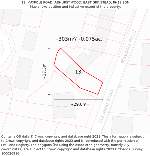 13, MAYPOLE ROAD, ASHURST WOOD, EAST GRINSTEAD, RH19 3QN: Plot and title map