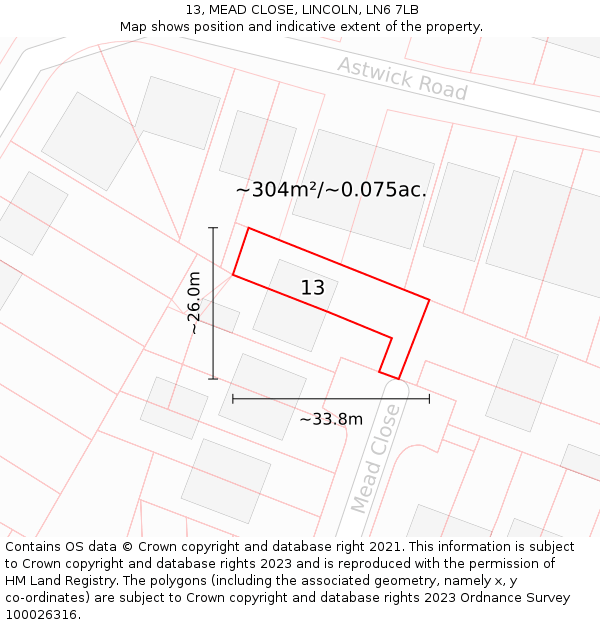 13, MEAD CLOSE, LINCOLN, LN6 7LB: Plot and title map