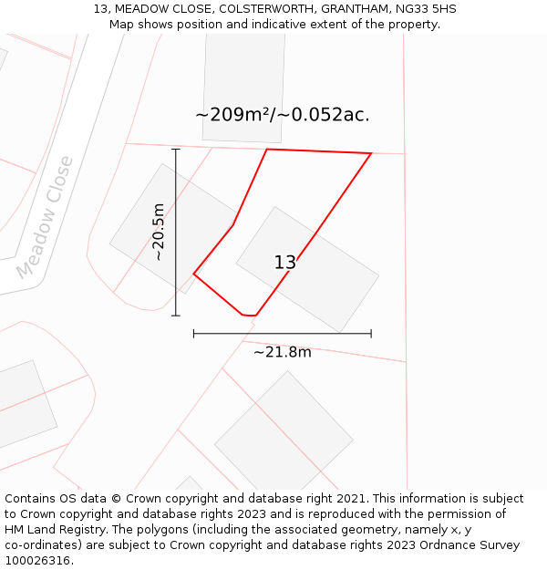 13, MEADOW CLOSE, COLSTERWORTH, GRANTHAM, NG33 5HS: Plot and title map