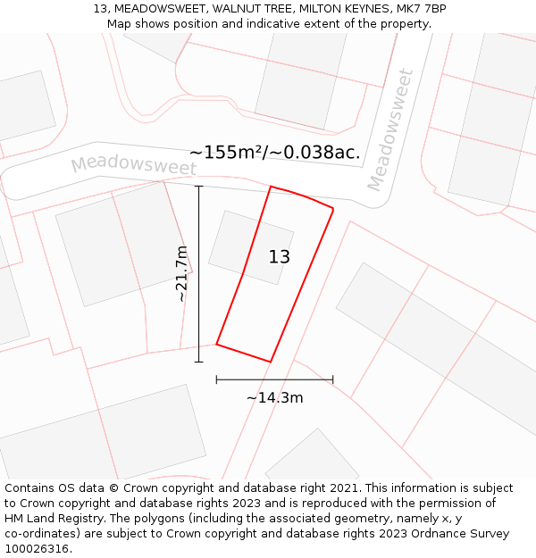 13, MEADOWSWEET, WALNUT TREE, MILTON KEYNES, MK7 7BP: Plot and title map