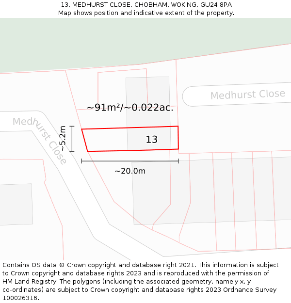 13, MEDHURST CLOSE, CHOBHAM, WOKING, GU24 8PA: Plot and title map