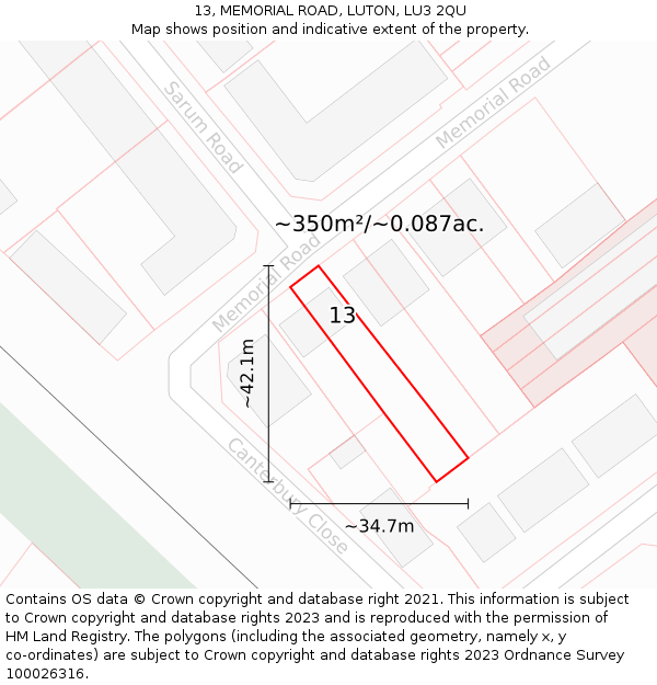 13, MEMORIAL ROAD, LUTON, LU3 2QU: Plot and title map