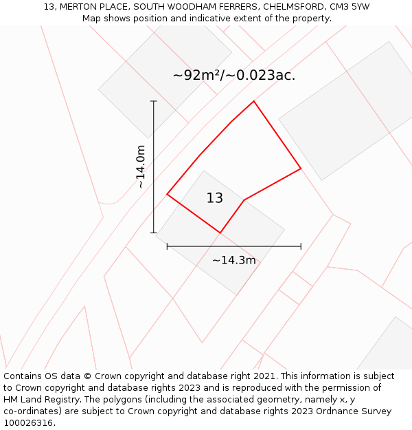 13, MERTON PLACE, SOUTH WOODHAM FERRERS, CHELMSFORD, CM3 5YW: Plot and title map