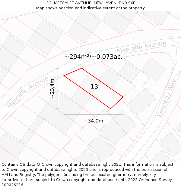 13, METCALFE AVENUE, NEWHAVEN, BN9 9XP: Plot and title map