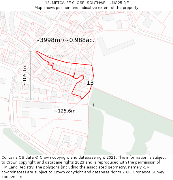 13, METCALFE CLOSE, SOUTHWELL, NG25 0JE: Plot and title map