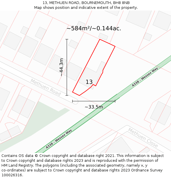 13, METHUEN ROAD, BOURNEMOUTH, BH8 8NB: Plot and title map