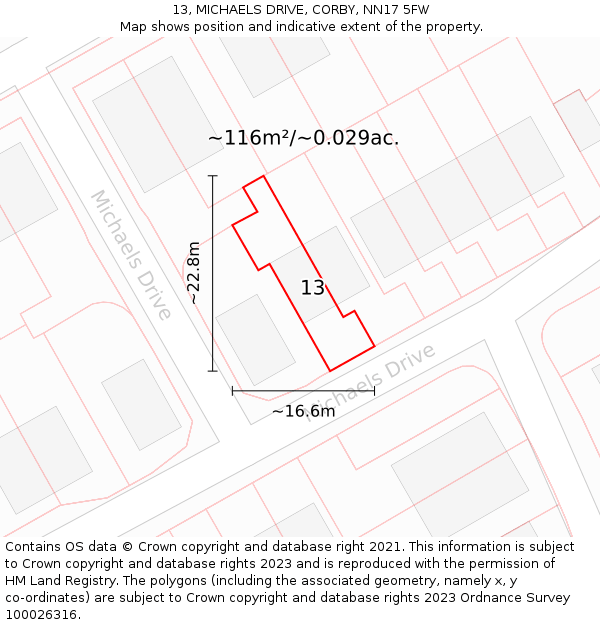 13, MICHAELS DRIVE, CORBY, NN17 5FW: Plot and title map