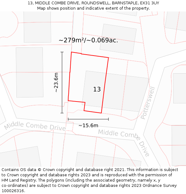 13, MIDDLE COMBE DRIVE, ROUNDSWELL, BARNSTAPLE, EX31 3UY: Plot and title map