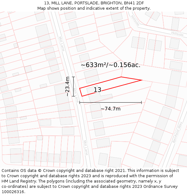 13, MILL LANE, PORTSLADE, BRIGHTON, BN41 2DF: Plot and title map