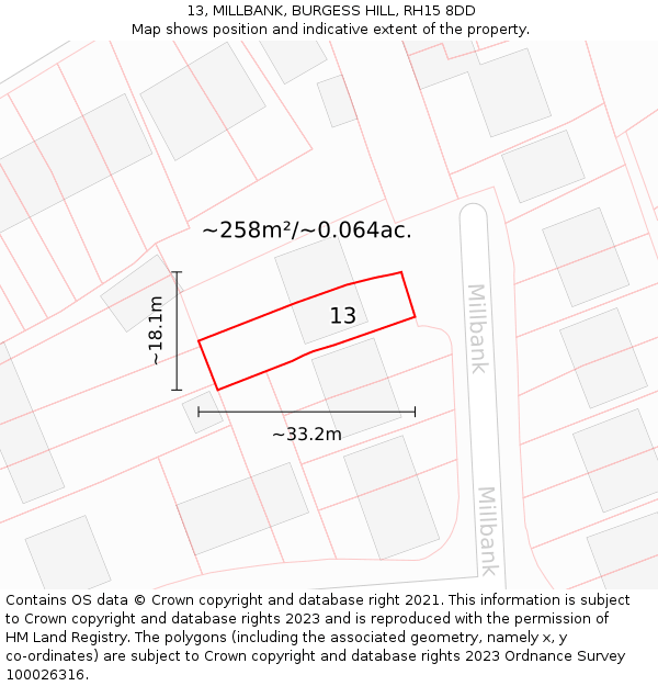 13, MILLBANK, BURGESS HILL, RH15 8DD: Plot and title map