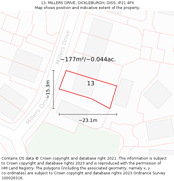 13, MILLERS DRIVE, DICKLEBURGH, DISS, IP21 4PX: Plot and title map