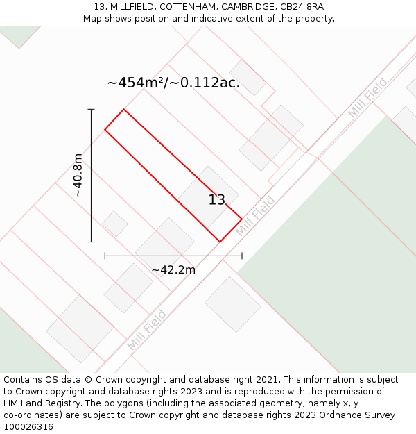 13, MILLFIELD, COTTENHAM, CAMBRIDGE, CB24 8RA: Plot and title map