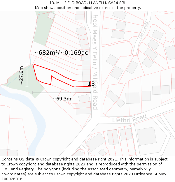 13, MILLFIELD ROAD, LLANELLI, SA14 8BL: Plot and title map