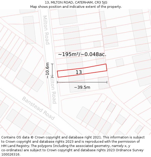 13, MILTON ROAD, CATERHAM, CR3 5JG: Plot and title map