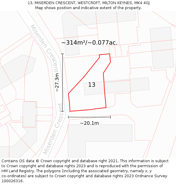 13, MISERDEN CRESCENT, WESTCROFT, MILTON KEYNES, MK4 4GJ: Plot and title map