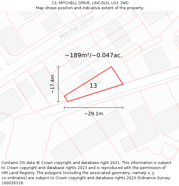 13, MITCHELL DRIVE, LINCOLN, LN1 1WD: Plot and title map