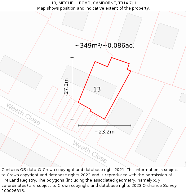 13, MITCHELL ROAD, CAMBORNE, TR14 7JH: Plot and title map