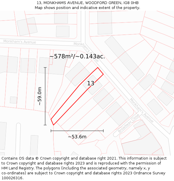 13, MONKHAMS AVENUE, WOODFORD GREEN, IG8 0HB: Plot and title map