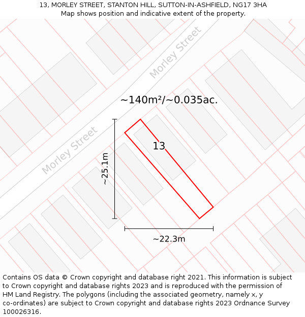 13, MORLEY STREET, STANTON HILL, SUTTON-IN-ASHFIELD, NG17 3HA: Plot and title map