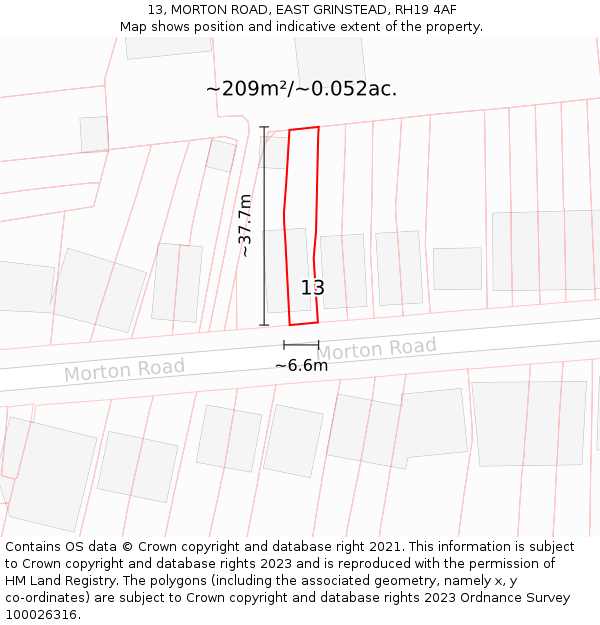 13, MORTON ROAD, EAST GRINSTEAD, RH19 4AF: Plot and title map