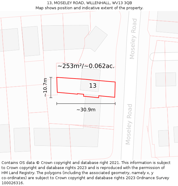 13, MOSELEY ROAD, WILLENHALL, WV13 3QB: Plot and title map