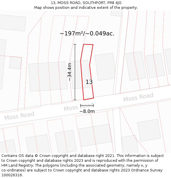 13, MOSS ROAD, SOUTHPORT, PR8 4JG: Plot and title map