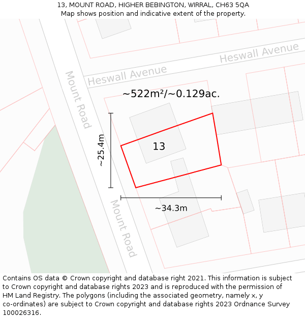 13, MOUNT ROAD, HIGHER BEBINGTON, WIRRAL, CH63 5QA: Plot and title map