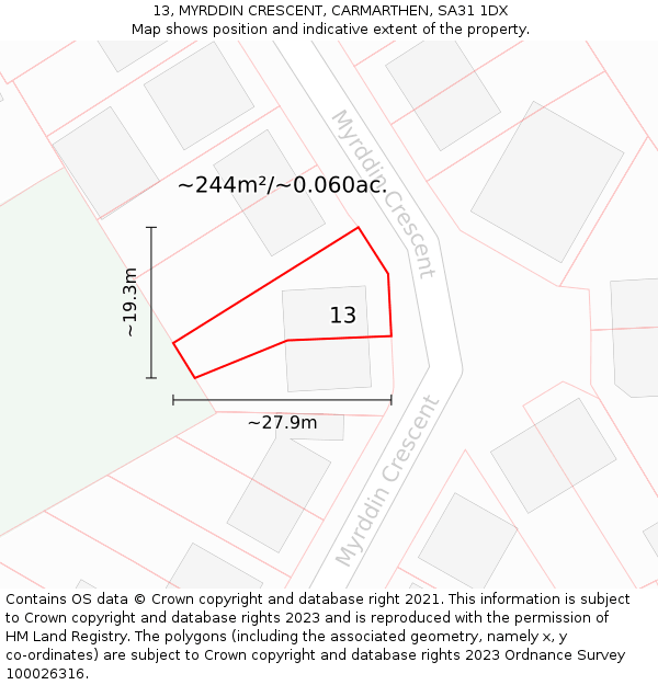 13, MYRDDIN CRESCENT, CARMARTHEN, SA31 1DX: Plot and title map