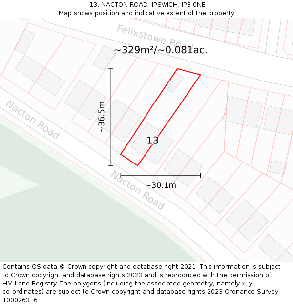 13, NACTON ROAD, IPSWICH, IP3 0NE: Plot and title map