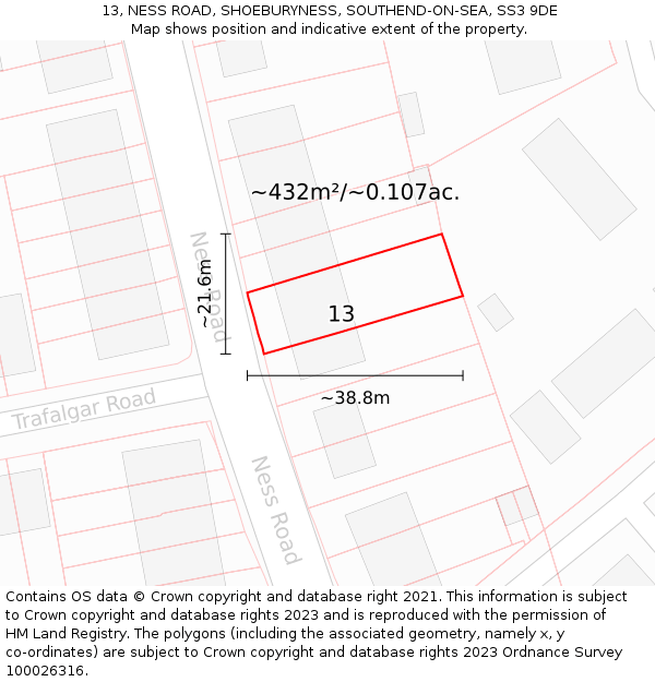 13, NESS ROAD, SHOEBURYNESS, SOUTHEND-ON-SEA, SS3 9DE: Plot and title map