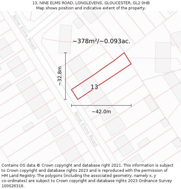 13, NINE ELMS ROAD, LONGLEVENS, GLOUCESTER, GL2 0HB: Plot and title map