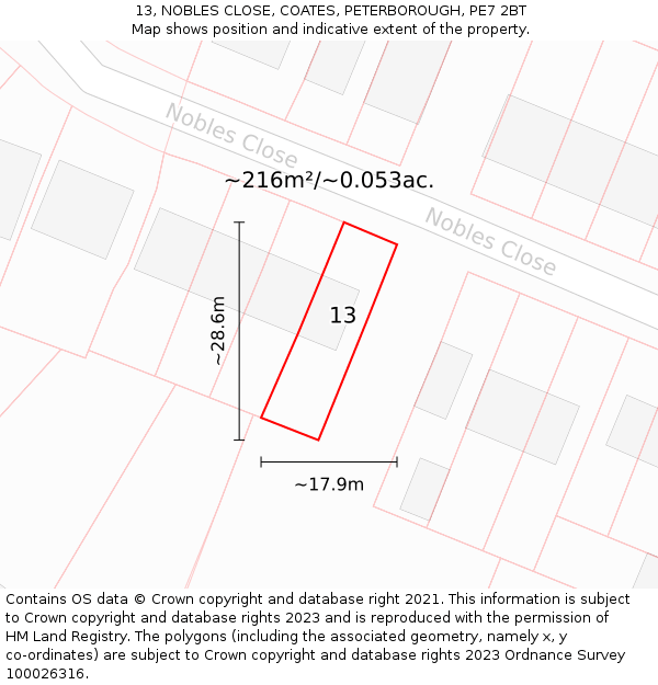 13, NOBLES CLOSE, COATES, PETERBOROUGH, PE7 2BT: Plot and title map