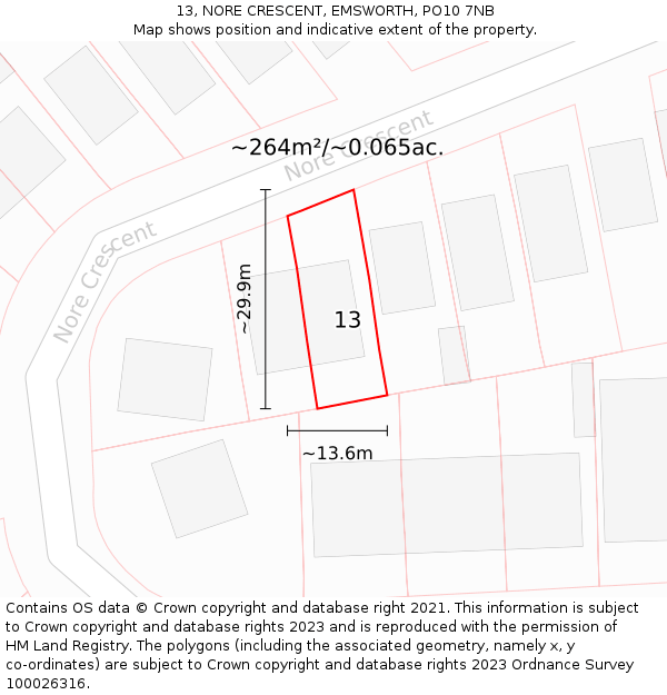 13, NORE CRESCENT, EMSWORTH, PO10 7NB: Plot and title map