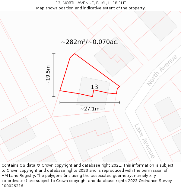 13, NORTH AVENUE, RHYL, LL18 1HT: Plot and title map