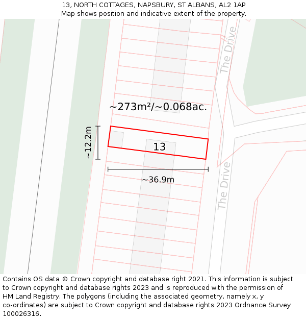 13, NORTH COTTAGES, NAPSBURY, ST ALBANS, AL2 1AP: Plot and title map