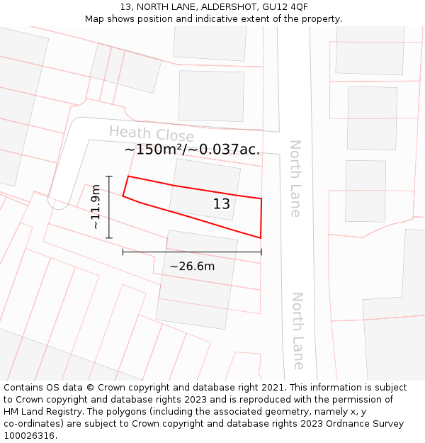 13, NORTH LANE, ALDERSHOT, GU12 4QF: Plot and title map