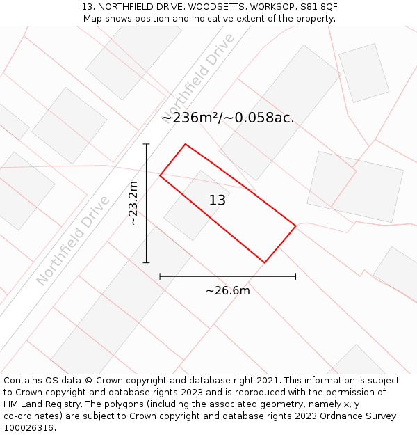 13, NORTHFIELD DRIVE, WOODSETTS, WORKSOP, S81 8QF: Plot and title map