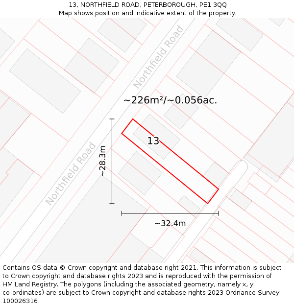 13, NORTHFIELD ROAD, PETERBOROUGH, PE1 3QQ: Plot and title map