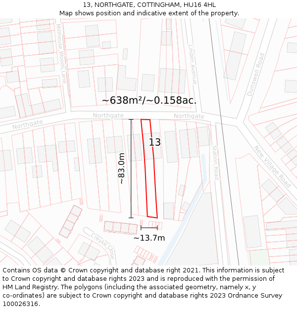 13, NORTHGATE, COTTINGHAM, HU16 4HL: Plot and title map