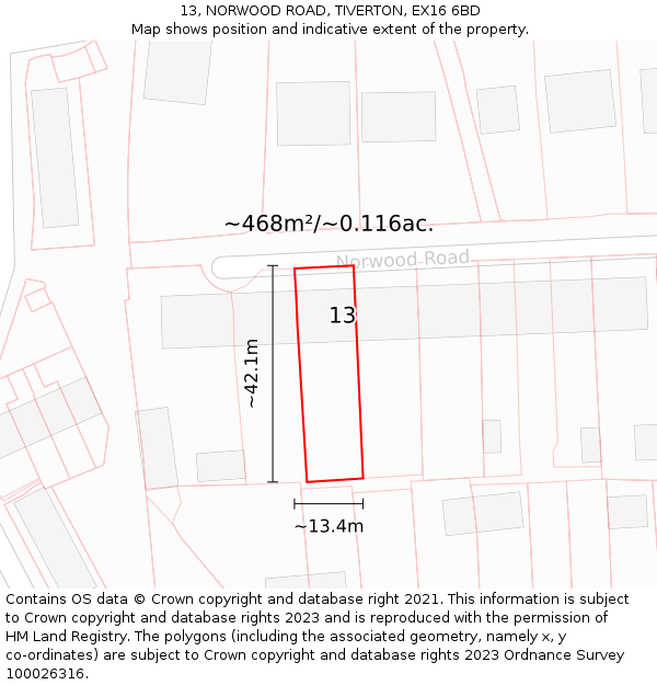 13, NORWOOD ROAD, TIVERTON, EX16 6BD: Plot and title map