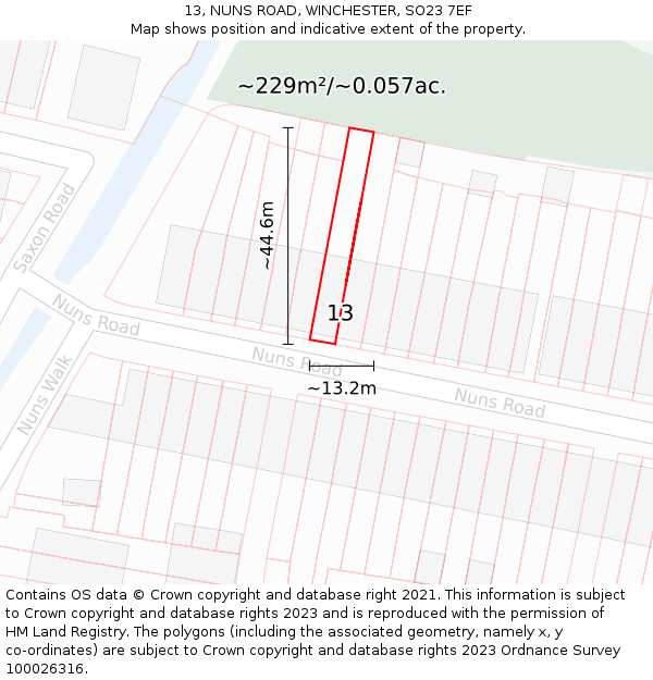 13, NUNS ROAD, WINCHESTER, SO23 7EF: Plot and title map