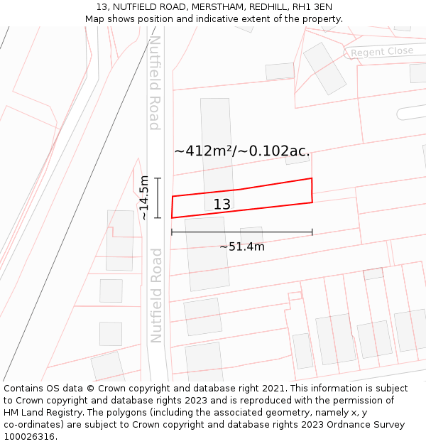 13, NUTFIELD ROAD, MERSTHAM, REDHILL, RH1 3EN: Plot and title map