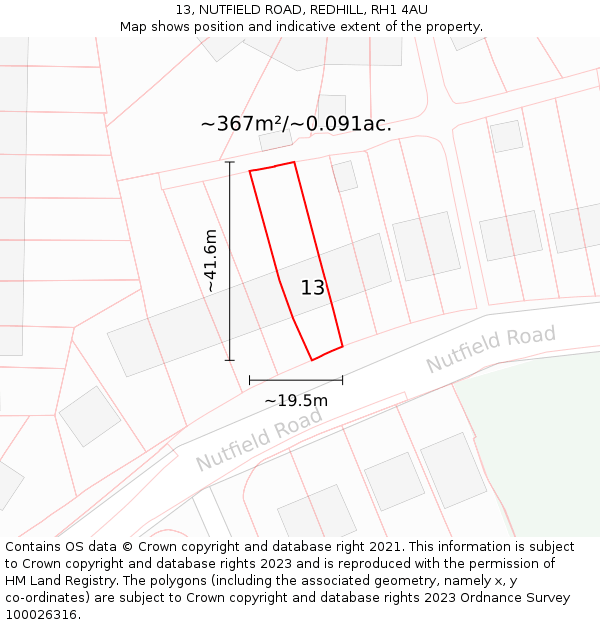 13, NUTFIELD ROAD, REDHILL, RH1 4AU: Plot and title map