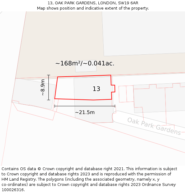 13, OAK PARK GARDENS, LONDON, SW19 6AR: Plot and title map